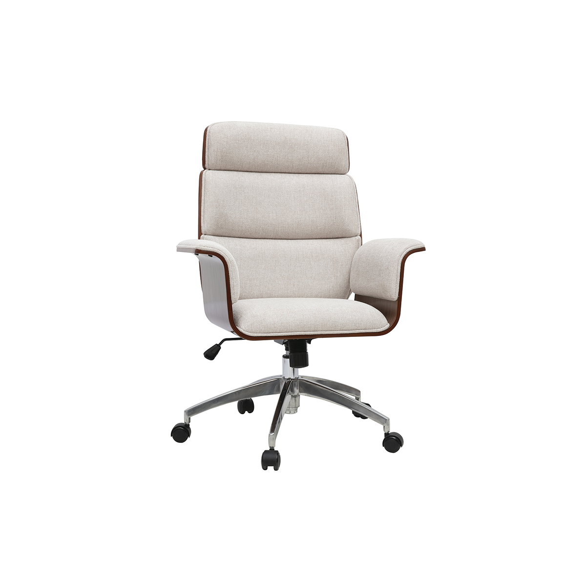 Poltrona da ufficio girevole di design in tessuto effetto velluto testurizzato beige, legno scuro e acciaio cromato ELON