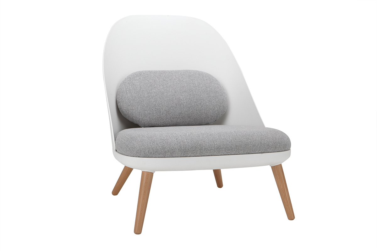 Poltrona design Bianco con cuscini in tessuto e piedi in legno chiaro LEAF