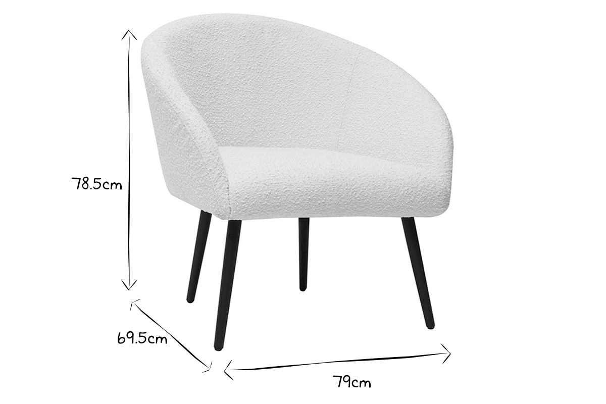 Poltrona design bianco in tessuto effetto lana boucl e base in metallo nero OLIVIA