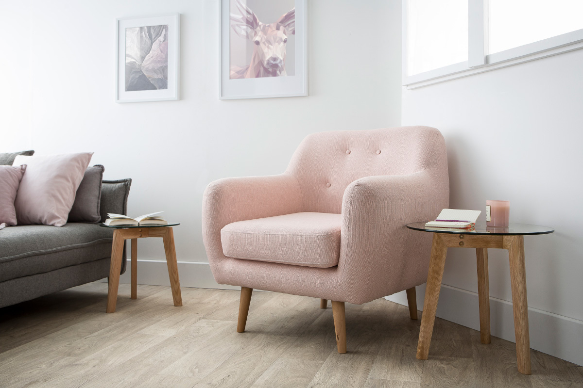Poltrona design faggio e tessuto rosa pallido OLAF