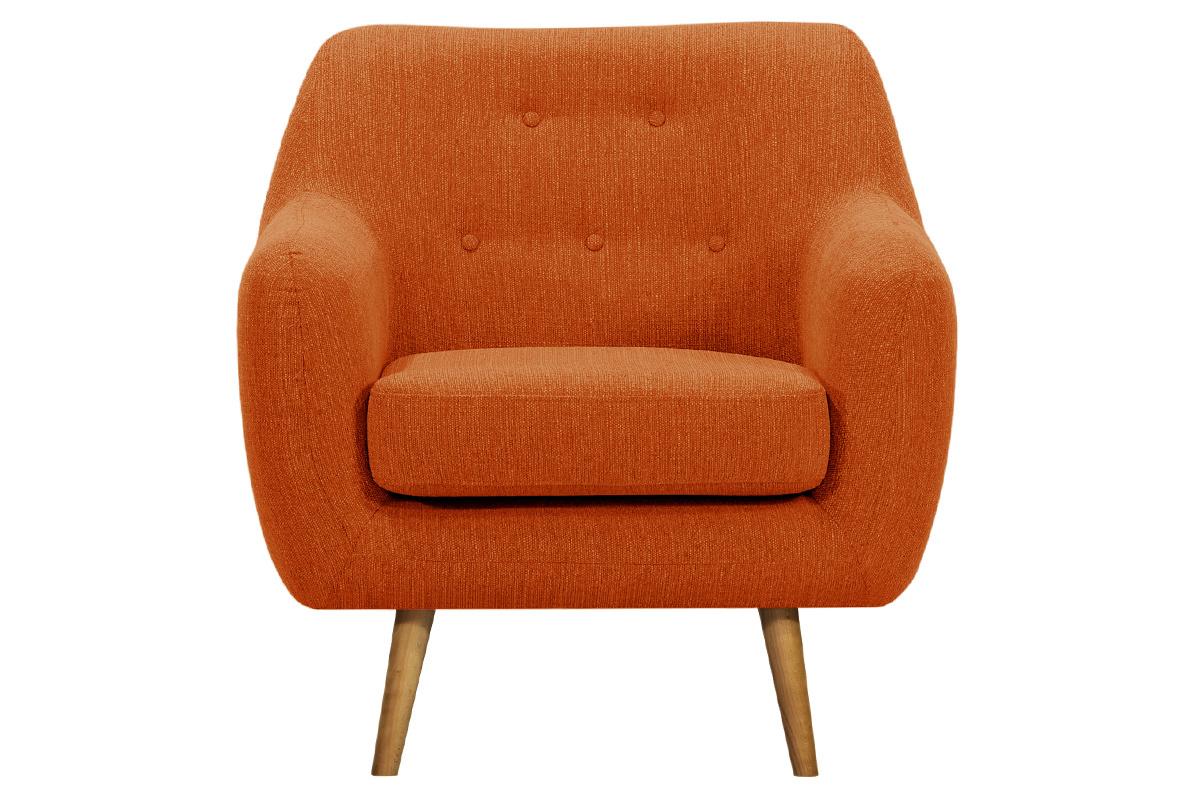Poltrona design in tessuto arancione e piedi in legno chiaro OLAF