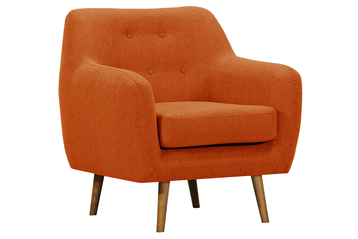 Poltrona design in tessuto arancione e piedi in legno chiaro OLAF