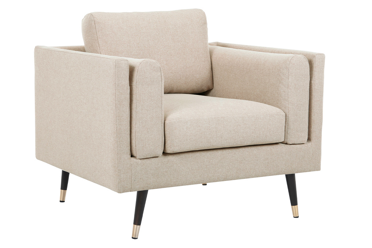 Poltrona design in tessuto beige naturale, legno nero e metallo dorato STING