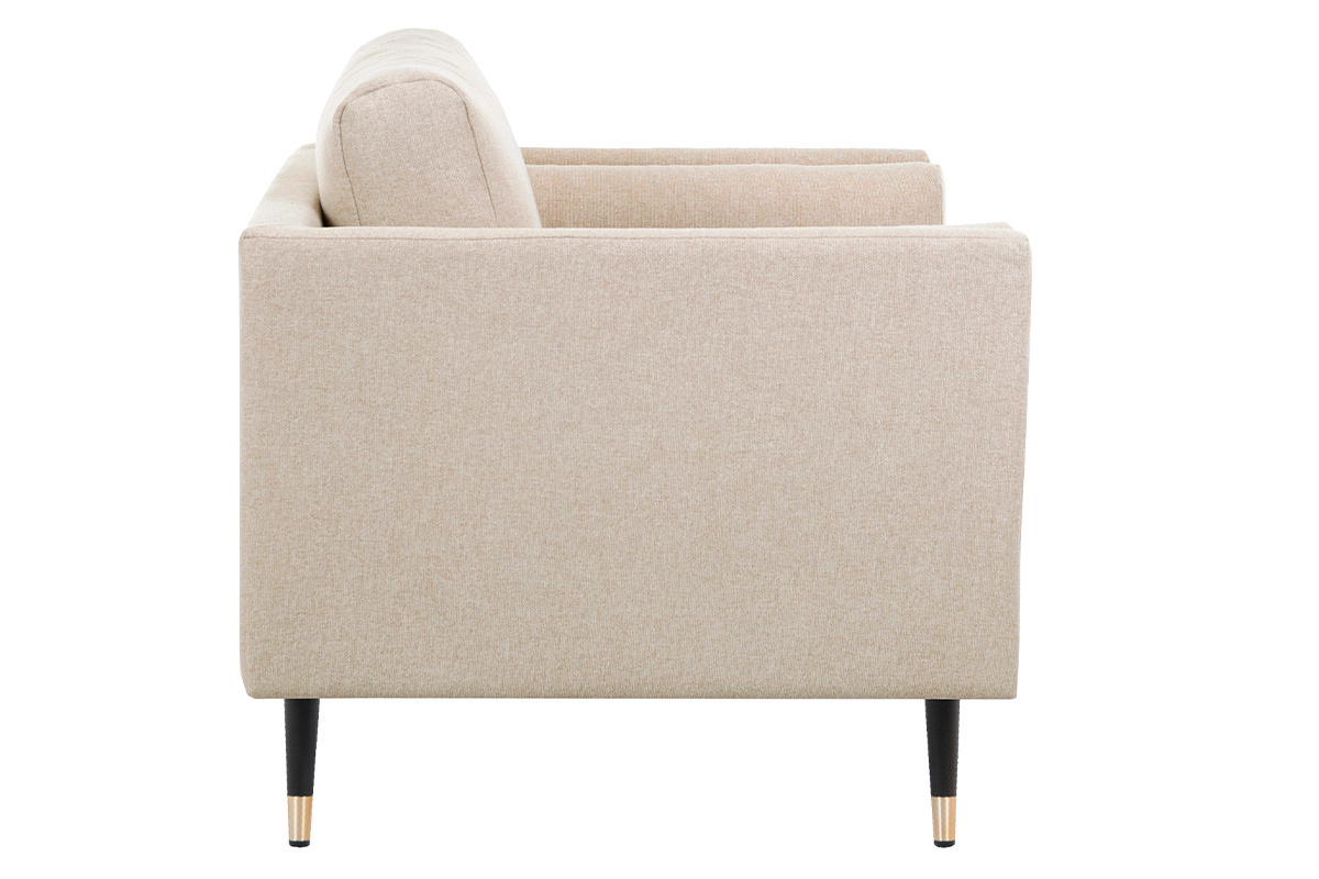 Poltrona design in tessuto beige naturale, legno nero e metallo dorato STING