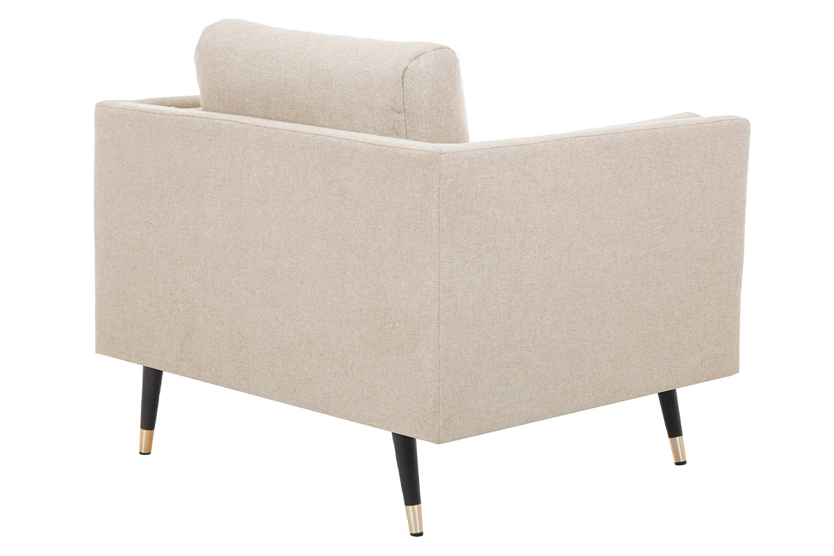 Poltrona design in tessuto beige naturale, legno nero e metallo dorato STING
