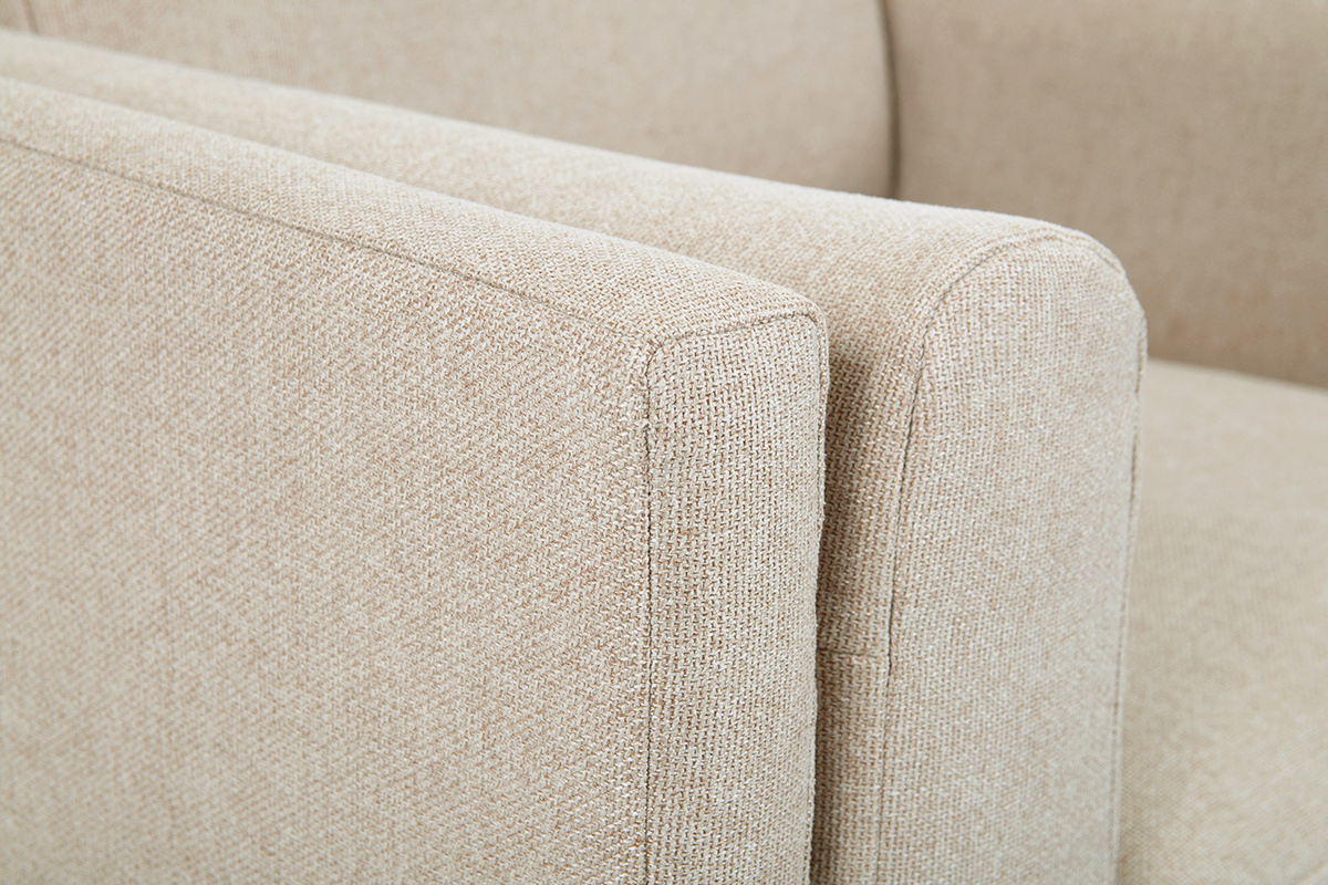 Poltrona design in tessuto beige naturale, legno nero e metallo dorato STING