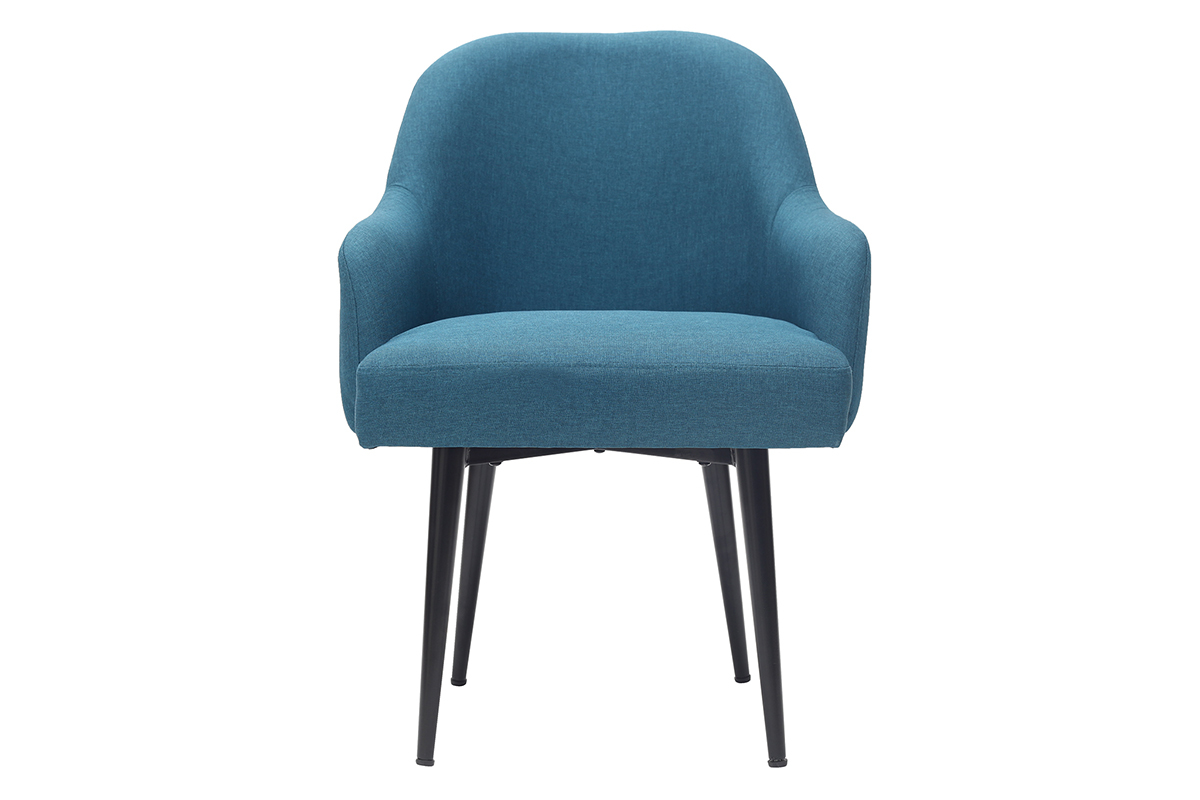 Poltrona design in tessuto blu anatra e piedi in metallo nero AMON