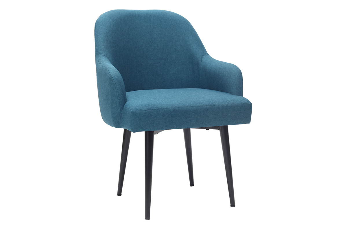 Poltrona design in tessuto blu anatra e piedi in metallo nero AMON