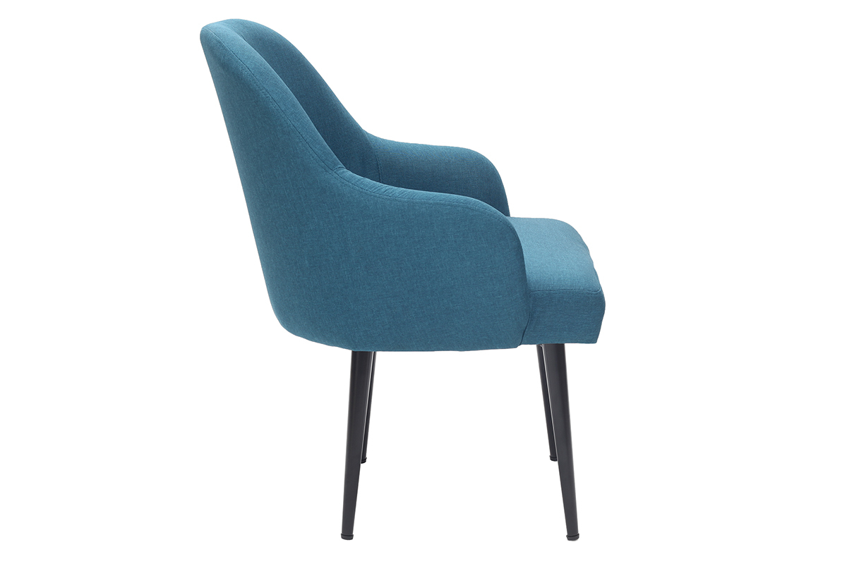 Poltrona design in tessuto blu anatra e piedi in metallo nero AMON