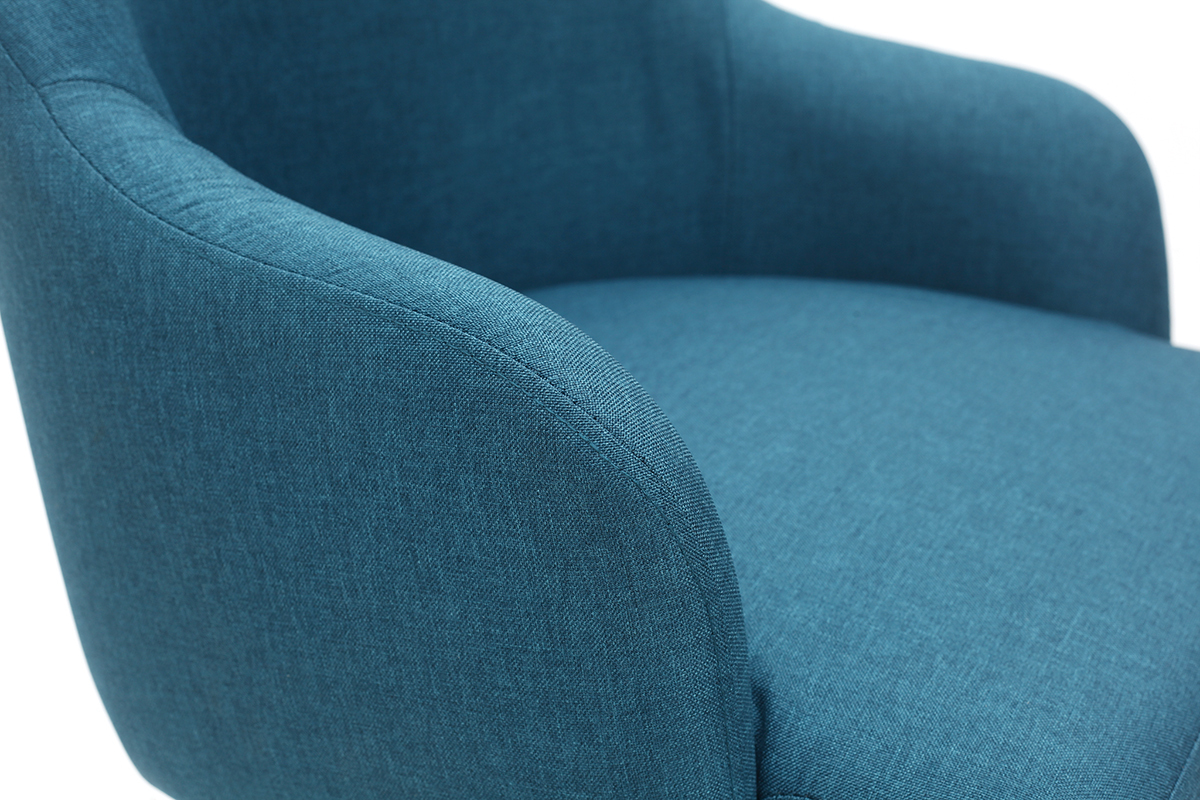 Poltrona design in tessuto blu anatra e piedi in metallo nero AMON