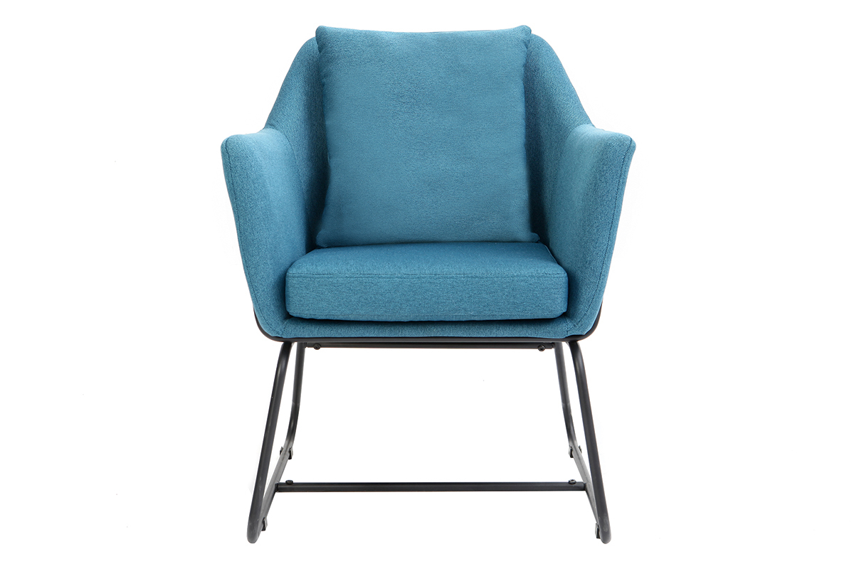 Poltrona design in tessuto blu anatra e struttura in metallo nero modello MONROE