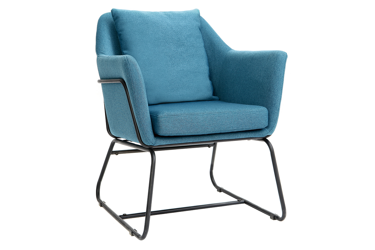 Poltrona design in tessuto blu anatra e struttura in metallo nero modello MONROE