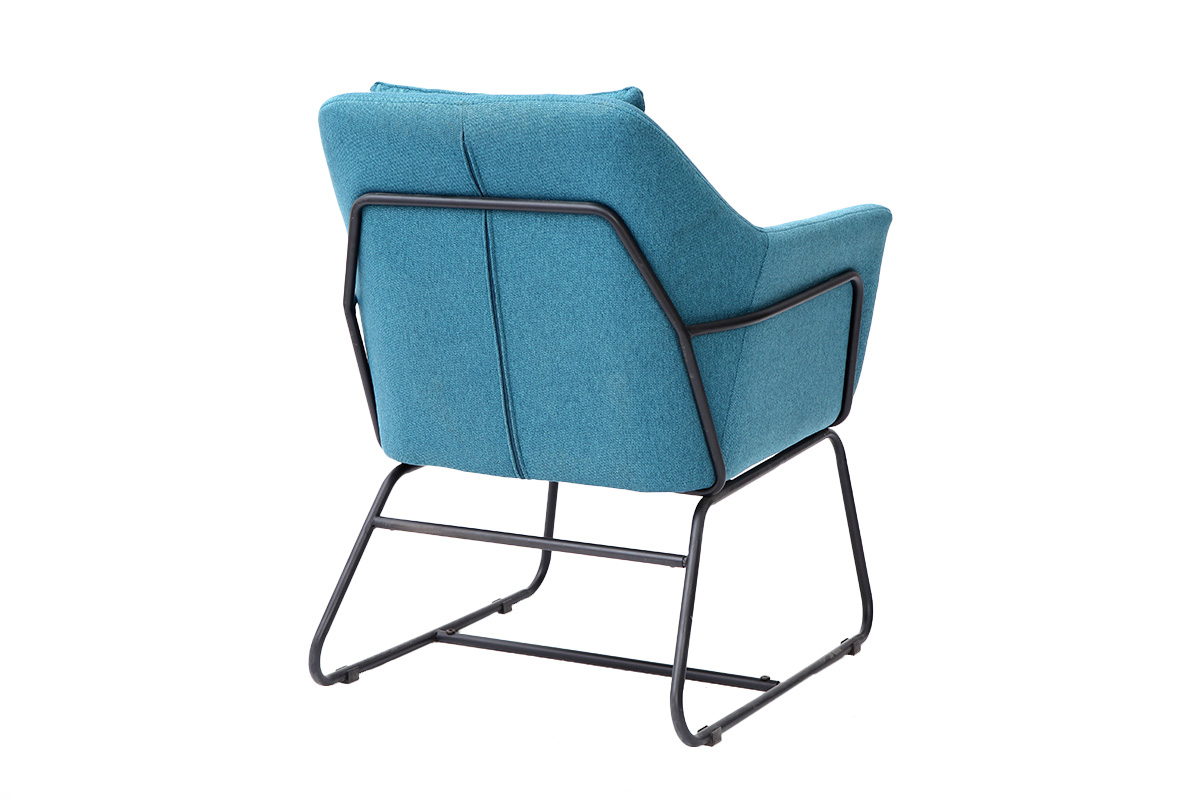 Poltrona design in tessuto blu anatra e struttura in metallo nero modello MONROE