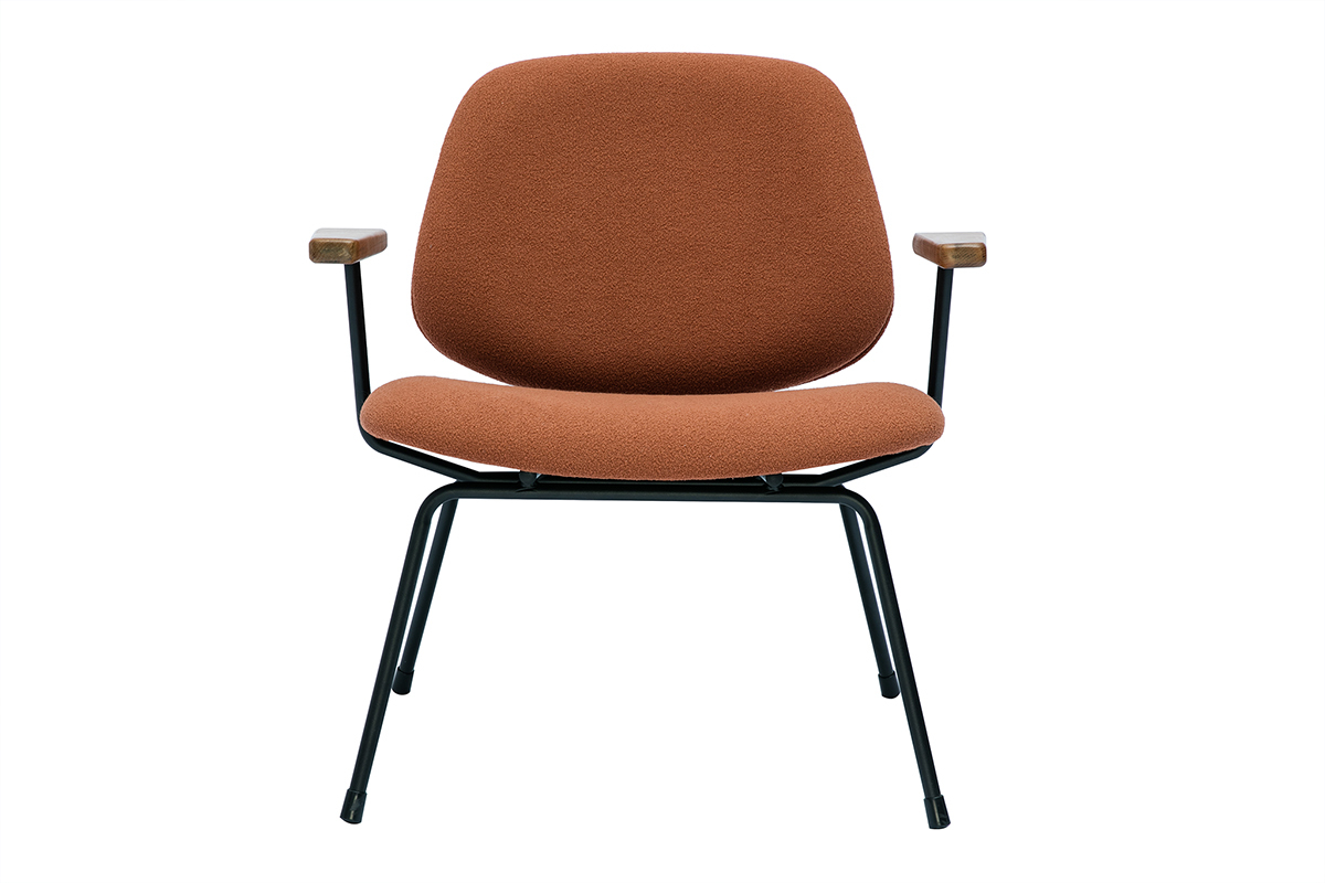 Poltrona design in tessuto effetto lana boucl color bruciato, metallo nero e legno scuro BARNET