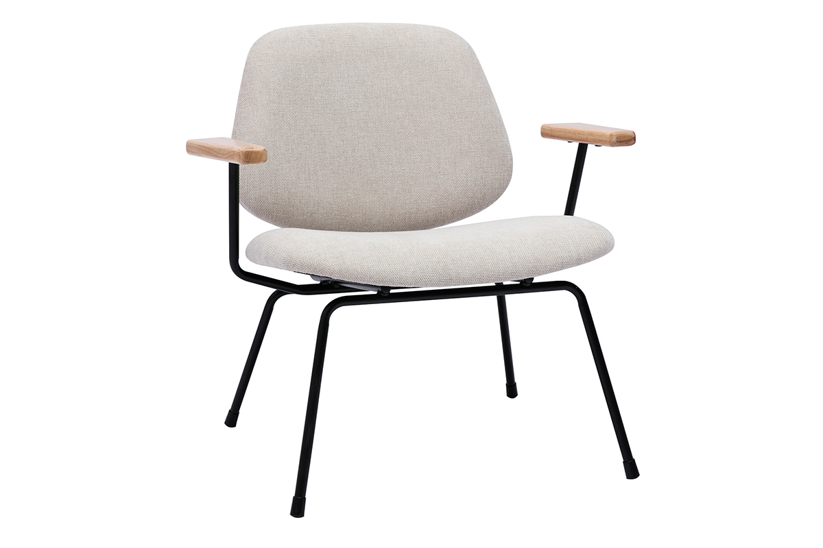 Poltrona design in tessuto effetto velluto beige, metallo nero e legno chiaro BARNET