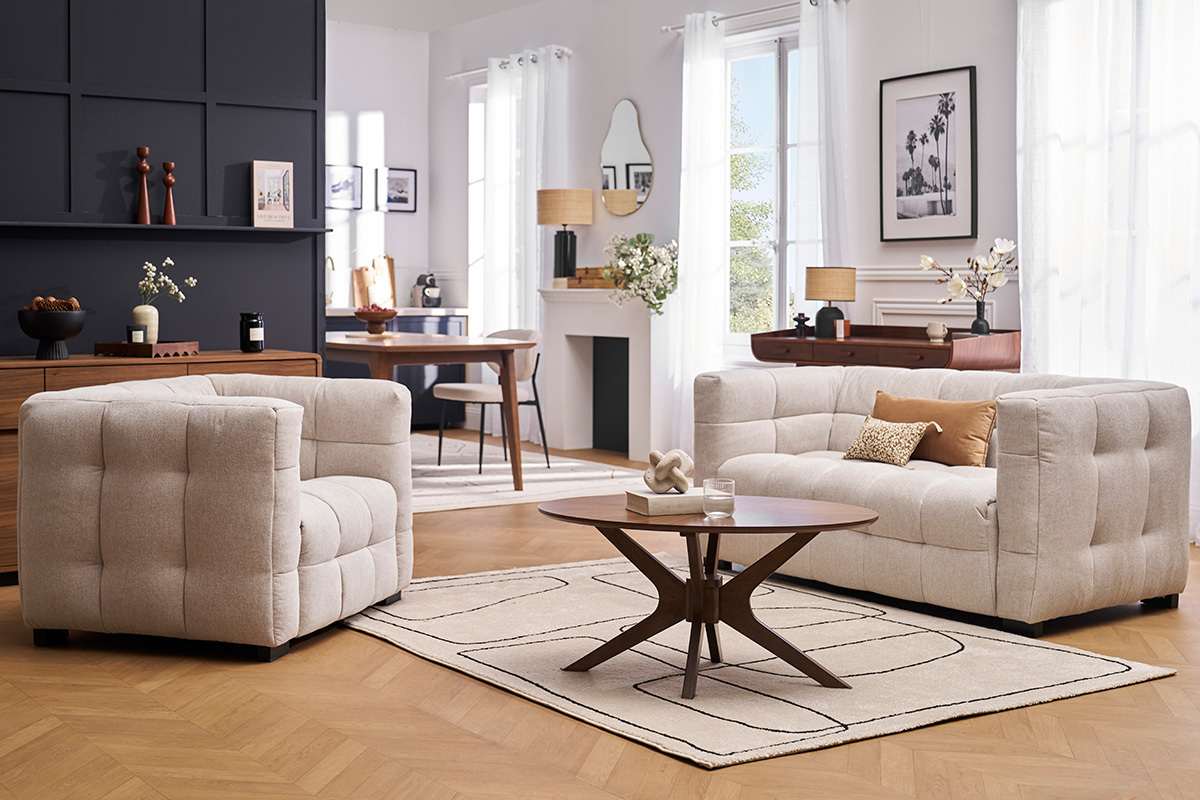 Poltrona design in tessuto effetto velluto testurizzato beige CORTO