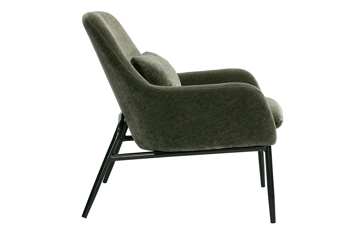 Poltrona design in tessuto effetto velluto verde cachi e metallo nero MAXINE