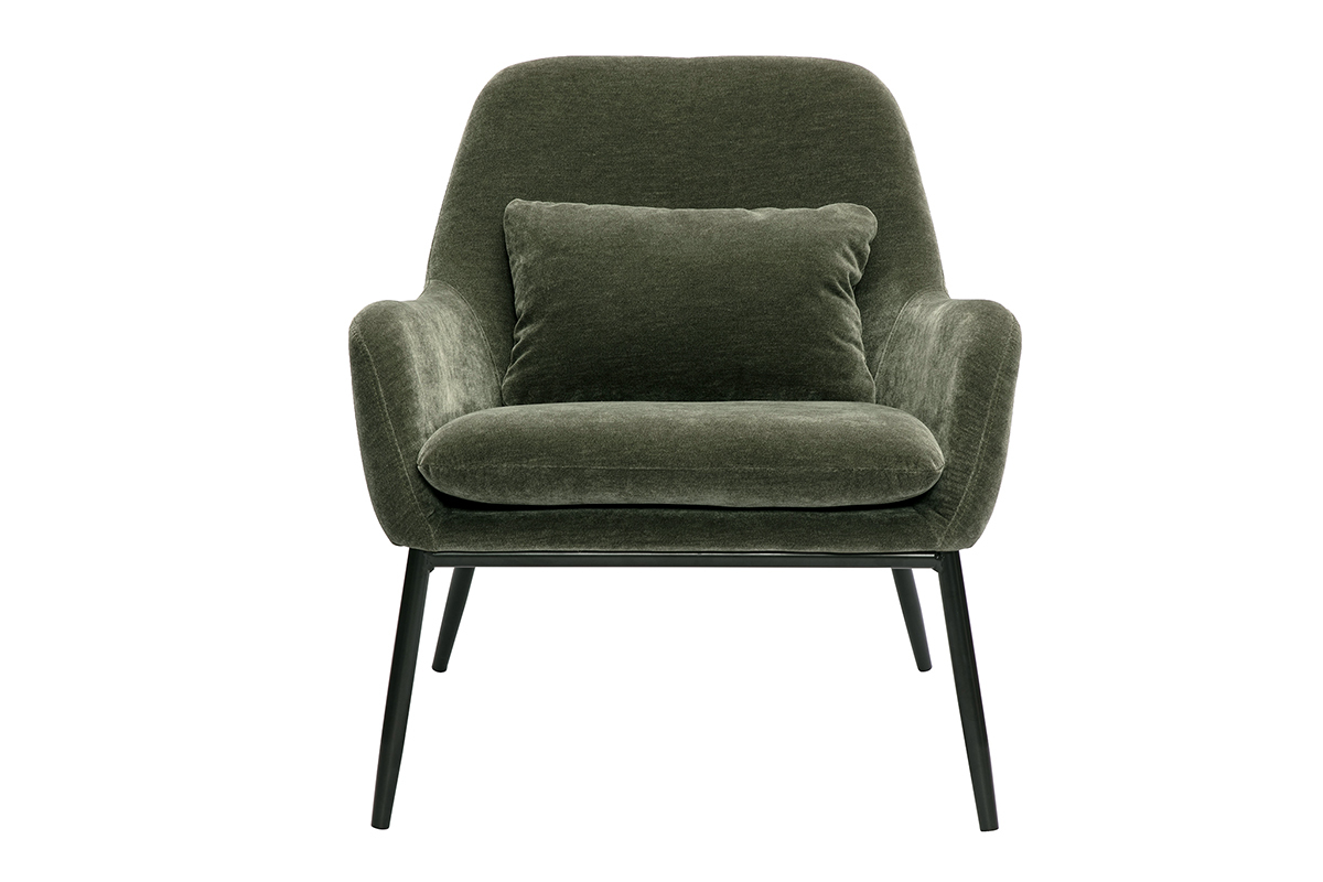 Poltrona design in tessuto effetto velluto verde cachi e metallo nero MAXINE