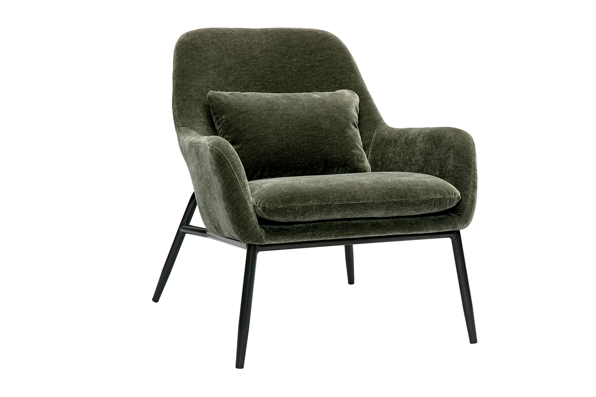 Poltrona design in tessuto effetto velluto verde cachi e metallo nero MAXINE