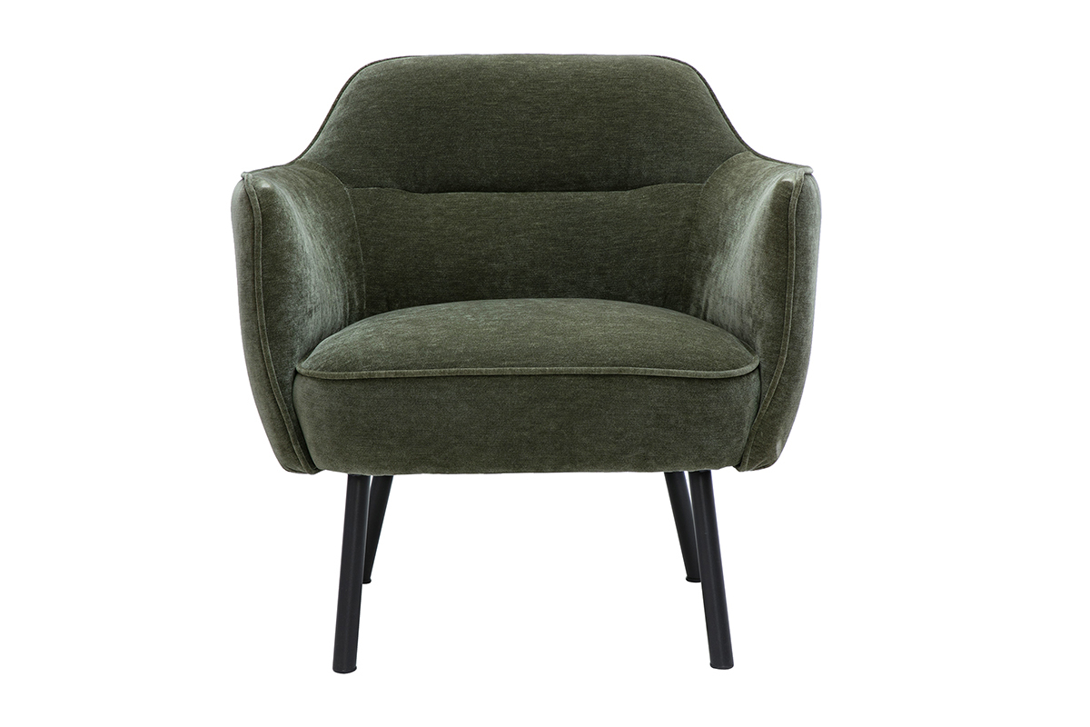Poltrona design in tessuto effetto velluto verde kaki e metallo nero LAURENS