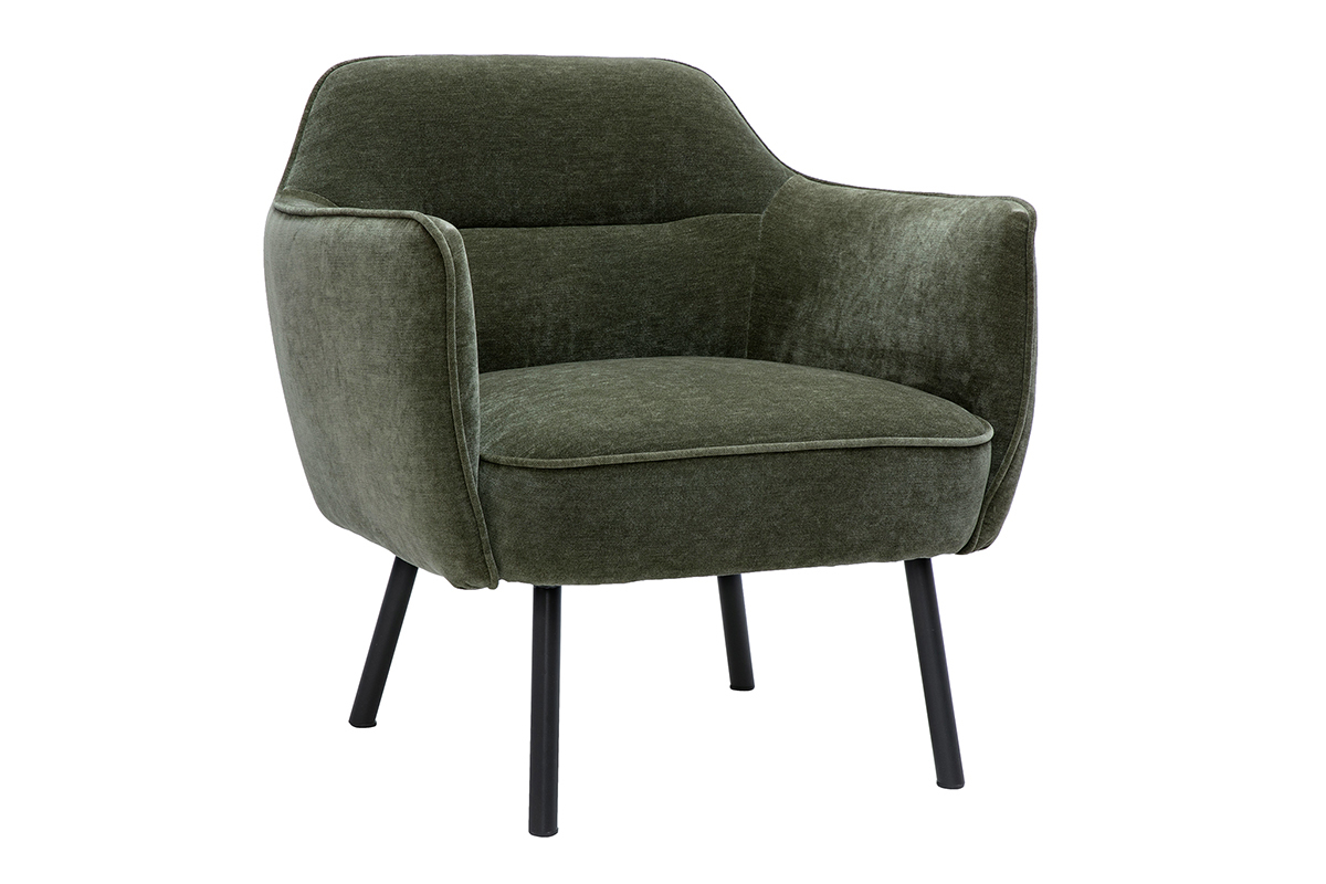 Poltrona design in tessuto effetto velluto verde kaki e metallo nero LAURENS