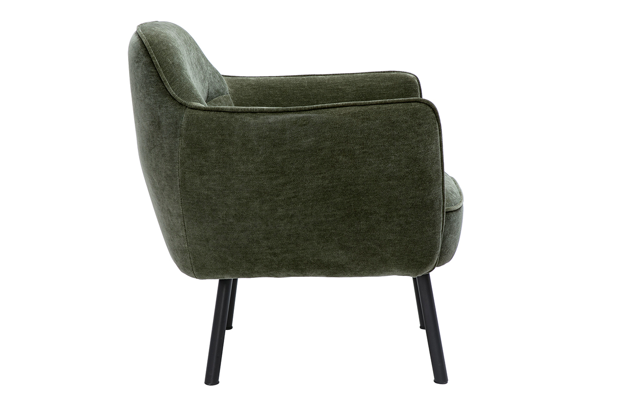 Poltrona design in tessuto effetto velluto verde kaki e metallo nero LAURENS