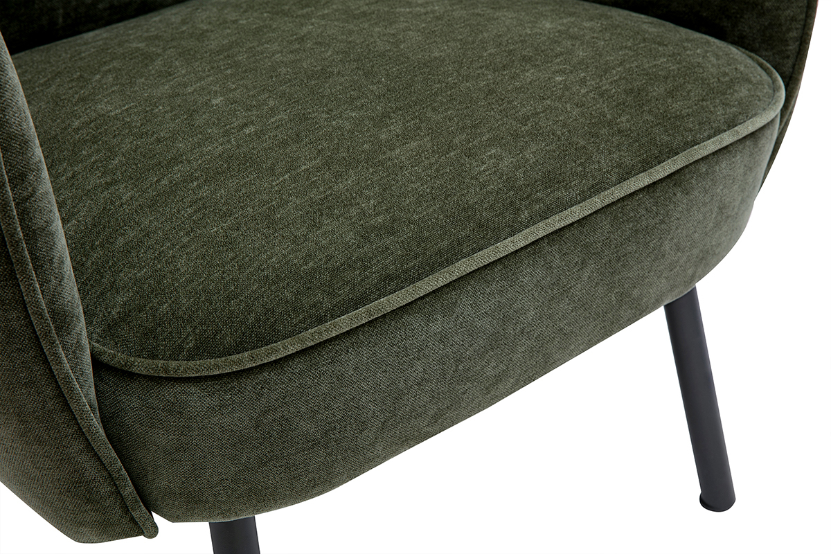 Poltrona design in tessuto effetto velluto verde kaki e metallo nero LAURENS