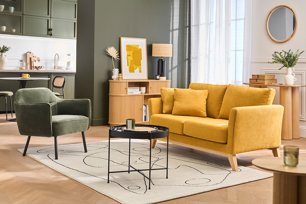 Poltrona design in tessuto effetto velluto verde kaki e metallo nero LAURENS