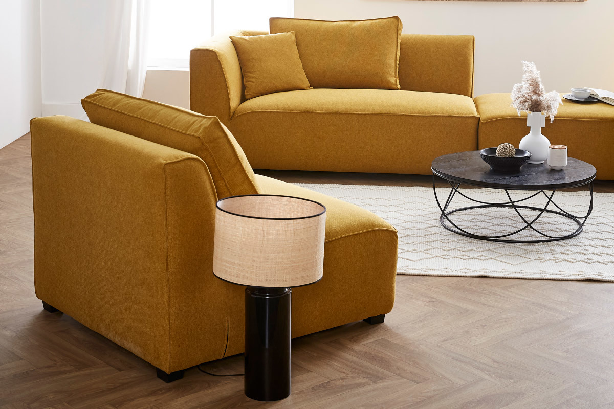 Poltrona design in tessuto giallo cumino PLURIEL