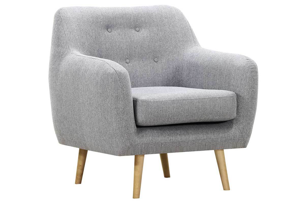 Poltrona design legno chiaro e tessuto grigio perla OLAF