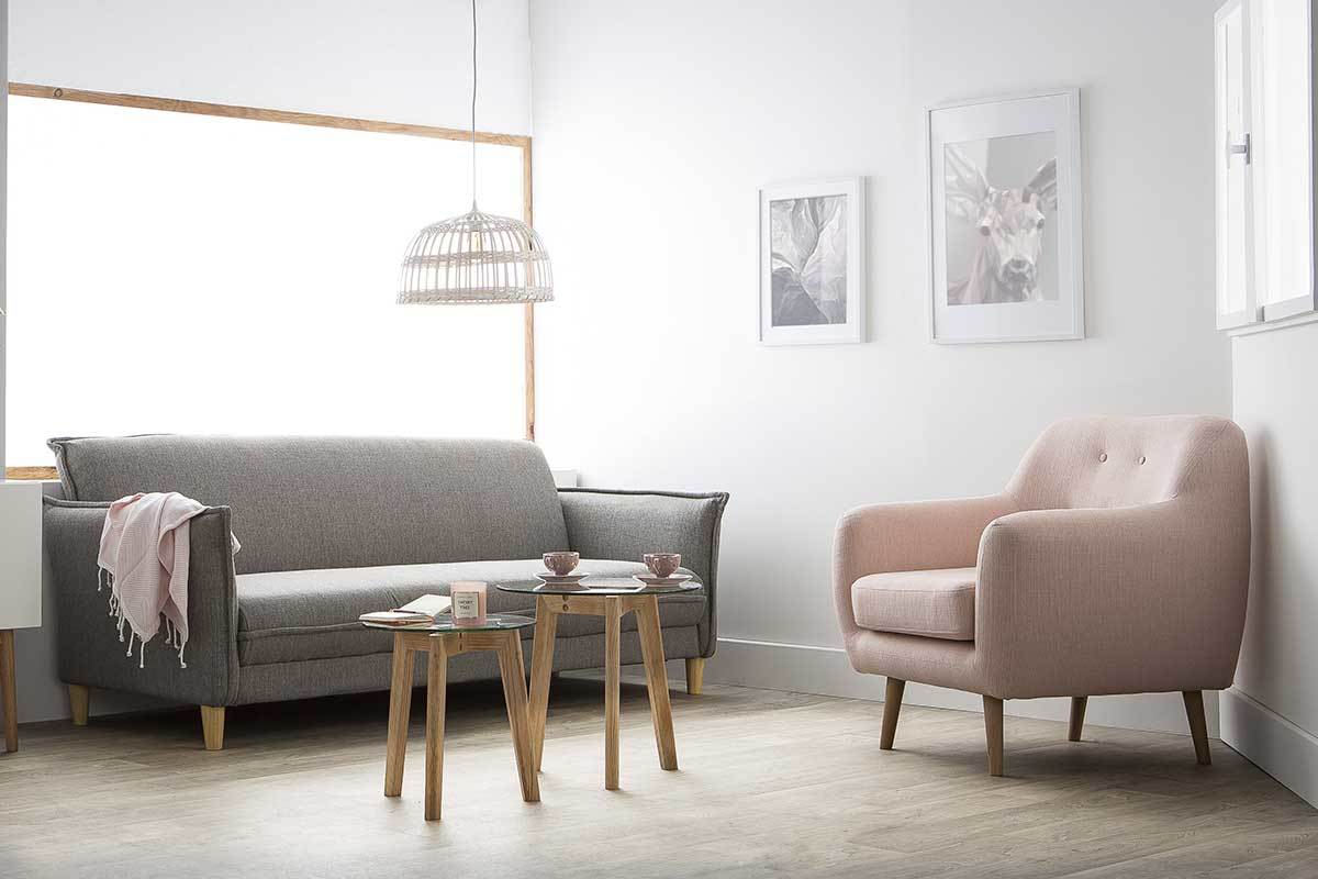 Poltrona design legno chiaro e tessuto grigio perla OLAF
