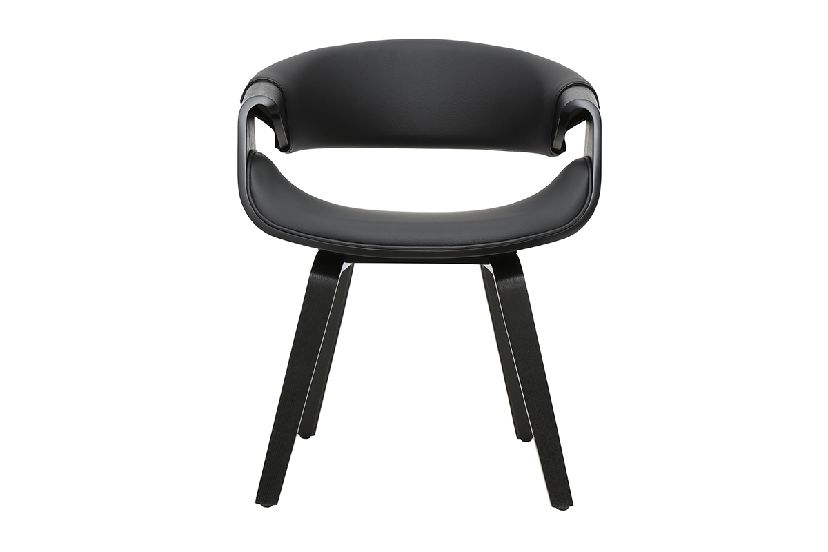 Poltrona di design nera e legno nero ARAMIS, vista frontale, con braccioli arrotondati.