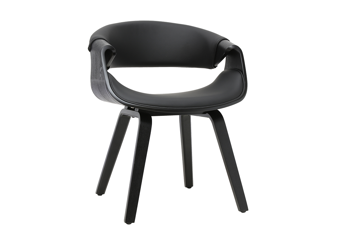 Poltrona di design nera e legno nero ARAMIS, vista a 3/4, con braccioli e base in legno nero.