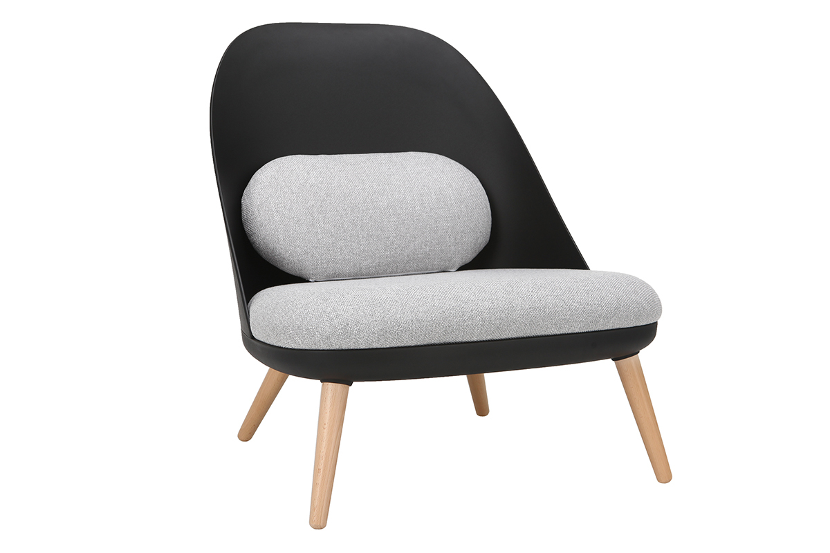 Poltrona design Nero con cuscini in tessuto e piedi in legno chiaro LEAF