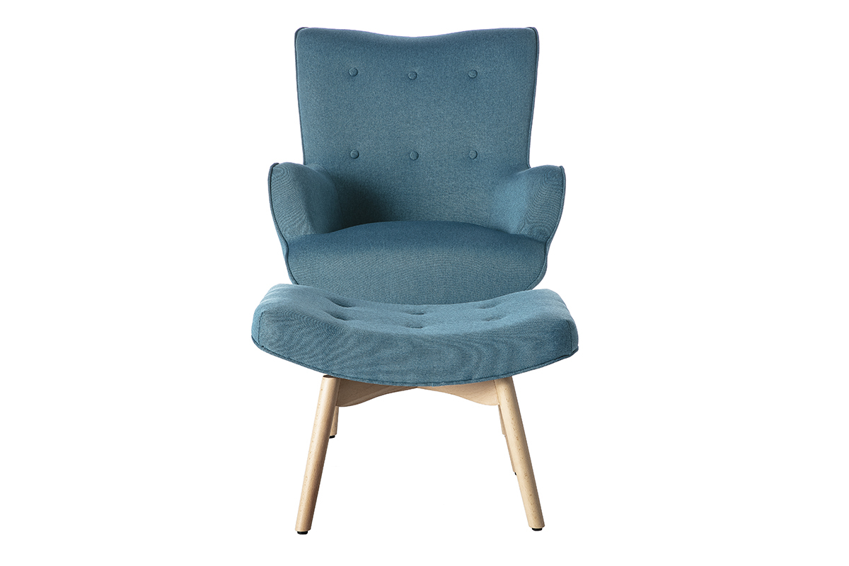 Poltrona design scandinava con poggiapiedi blu petrolio e legno chiaro BRISTOL
