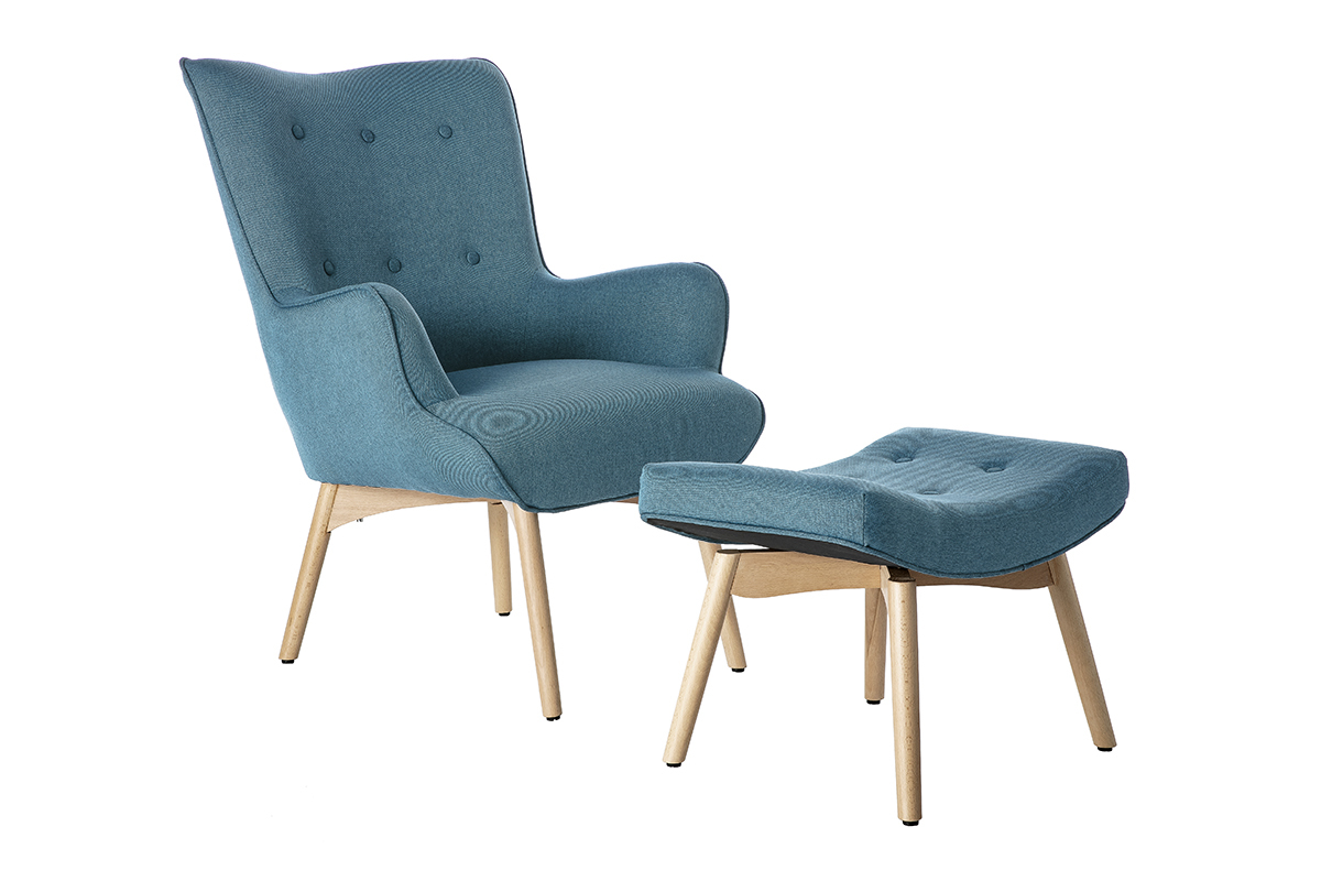 Poltrona design scandinava con poggiapiedi blu petrolio e legno chiaro BRISTOL