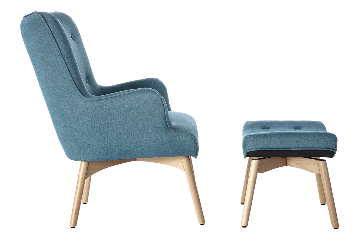 Poltrona design scandinava con poggiapiedi blu petrolio e legno chiaro BRISTOL