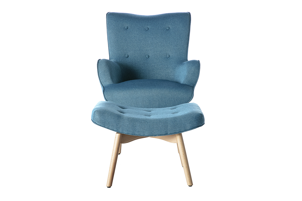Poltrona design scandinava con poggiapiedi blu petrolio e legno chiaro BRISTOL