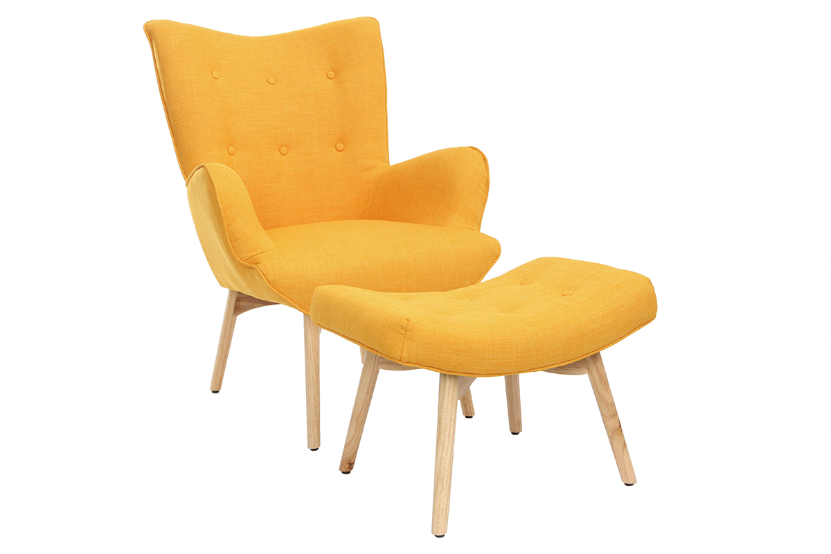 Poltrona design scandinava con poggiapiedi giallo e legno chiaro BRISTOL