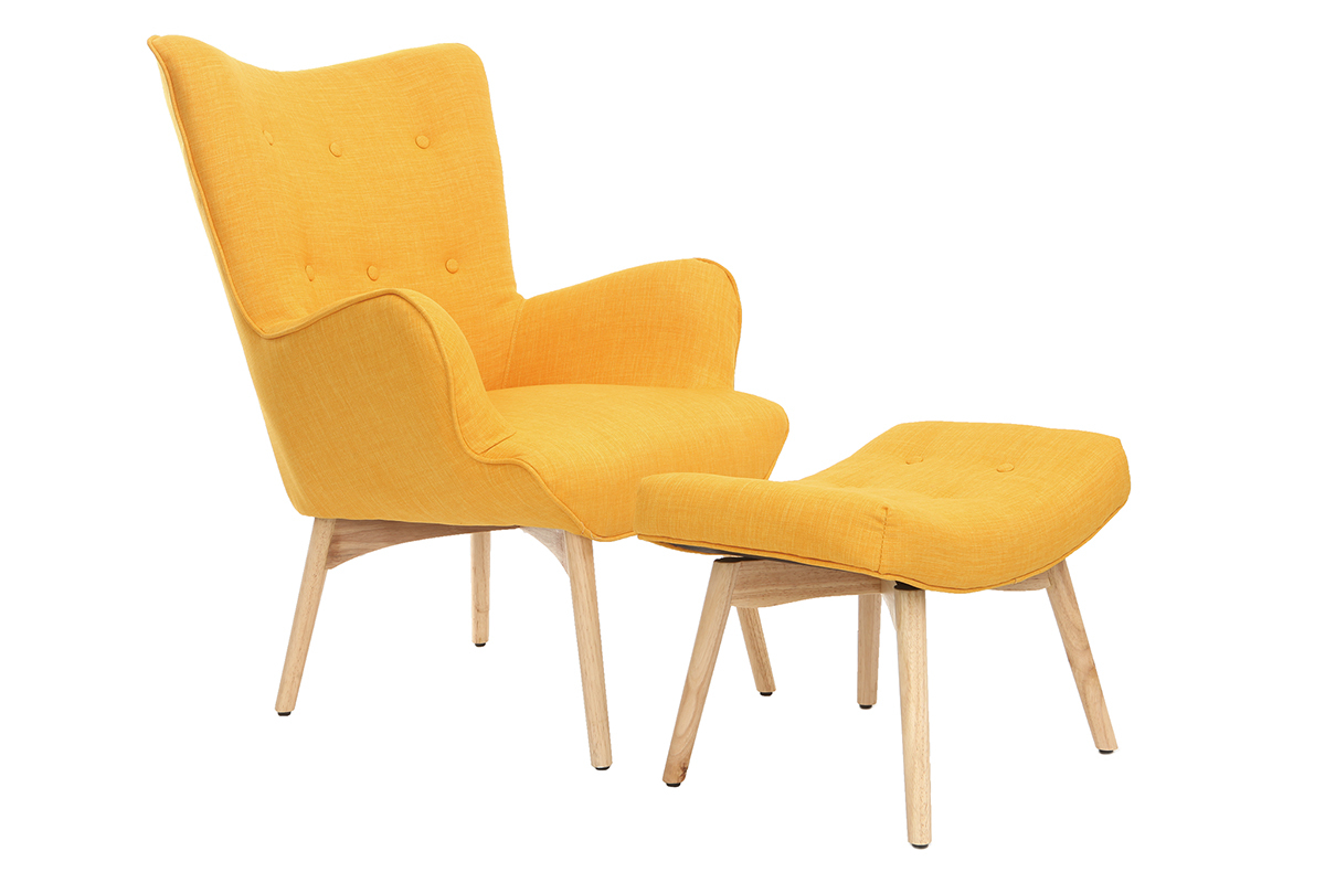 Poltrona design scandinava con poggiapiedi giallo e legno chiaro BRISTOL