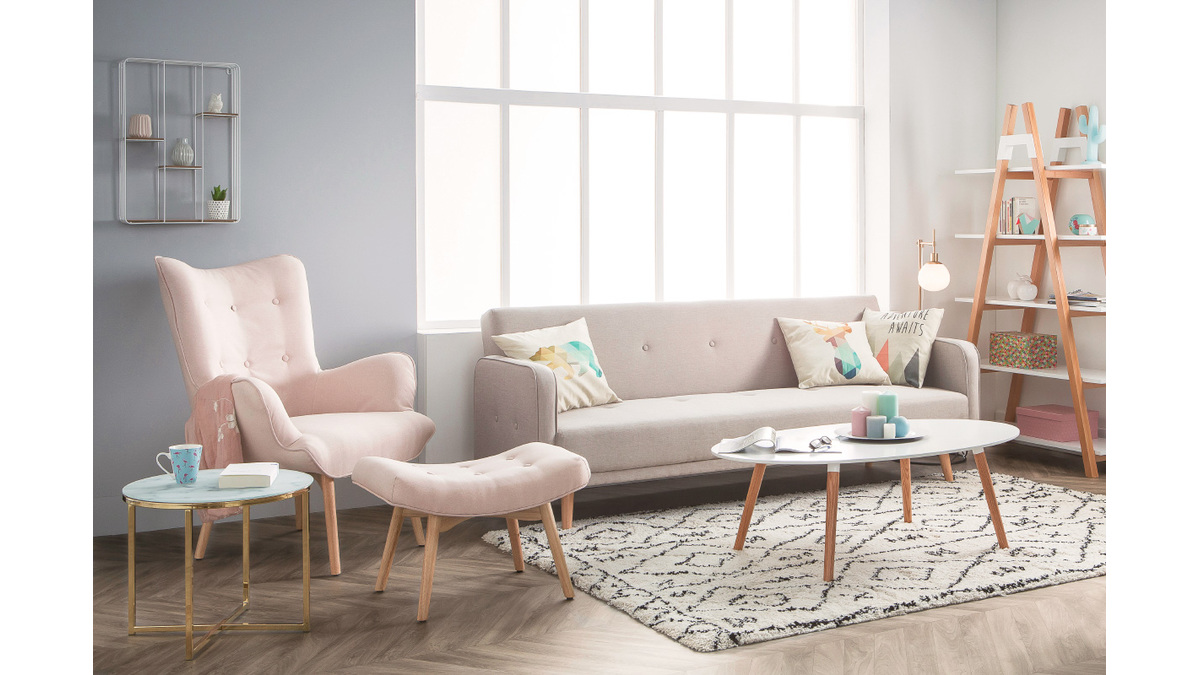 Poltrona design scandinava con poggiapiedi grigio chiaro e legno chiaro BRISTOL