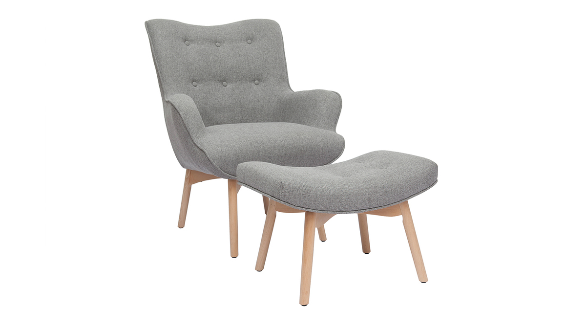 Poltrona design scandinava con poggiapiedi grigio chiaro e legno chiaro BRISTOL