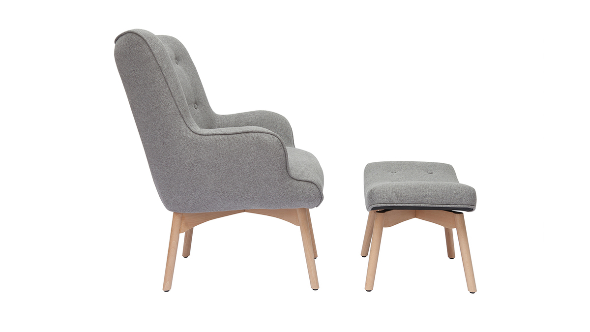 Poltrona design scandinava con poggiapiedi grigio chiaro e legno chiaro BRISTOL