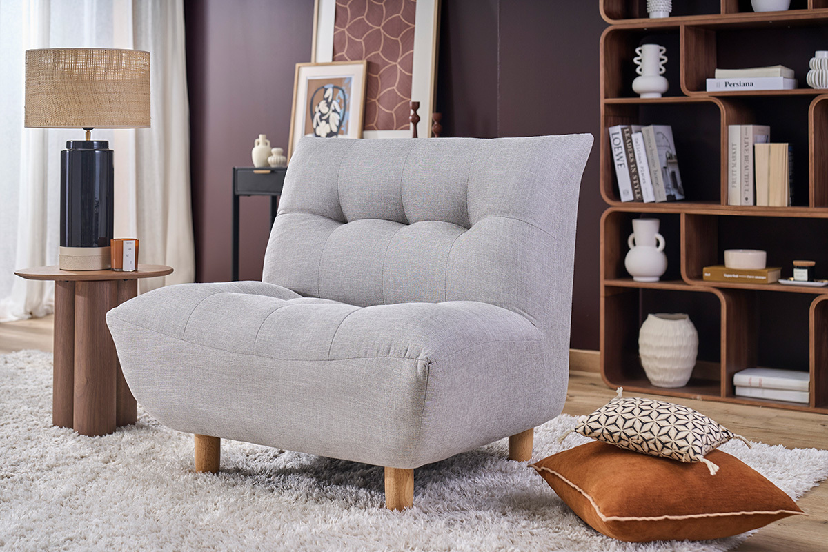 Poltrona design scandinavo grigio e quercia YUMI