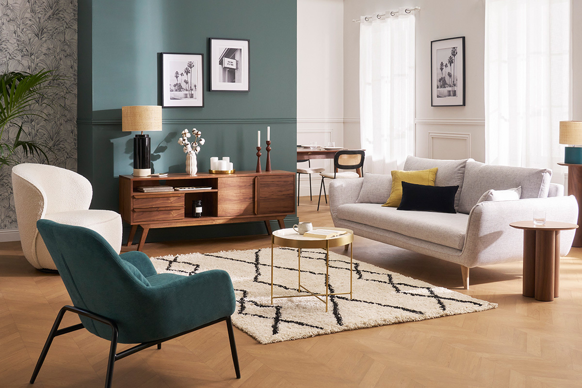 Poltrona design tessuto effetto velluto blu anatra e metallo nero MAXINE