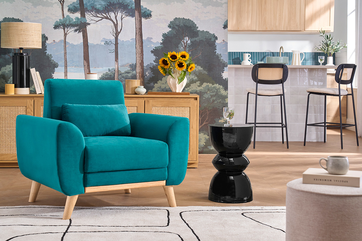 Poltrona design velluto blu petrolio e legno chiaro EKTOR