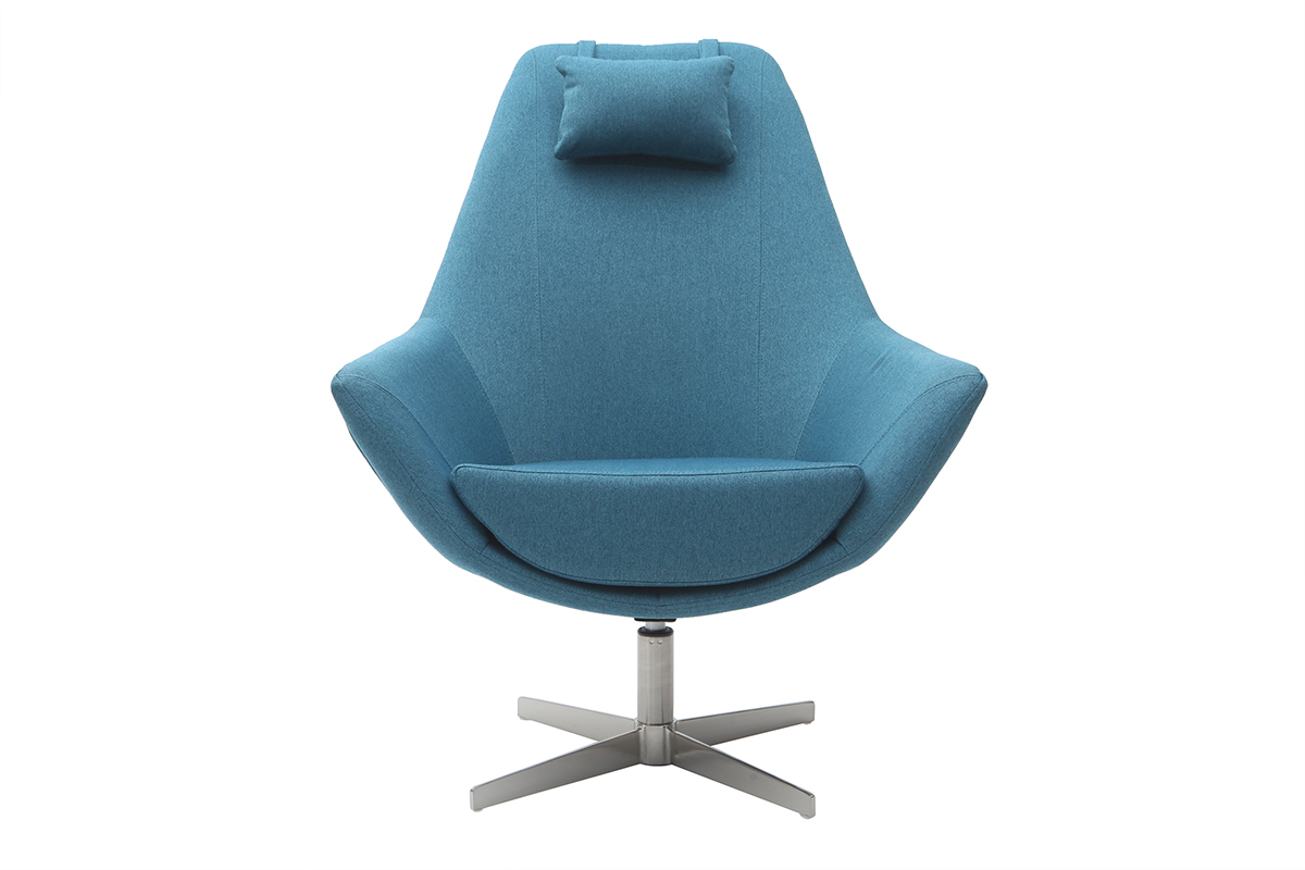 Poltrona desing girevole in tessuto blu anatra e piede metallico AMEDEO