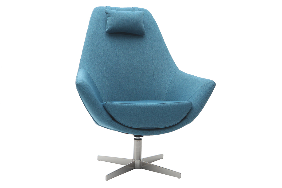 Poltrona desing girevole in tessuto blu anatra e piede metallico AMEDEO