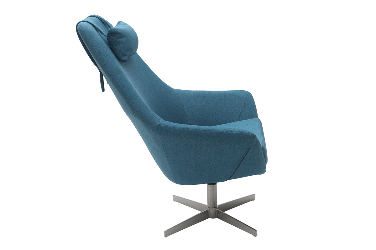 Poltrona desing girevole in tessuto blu anatra e piede metallico AMEDEO