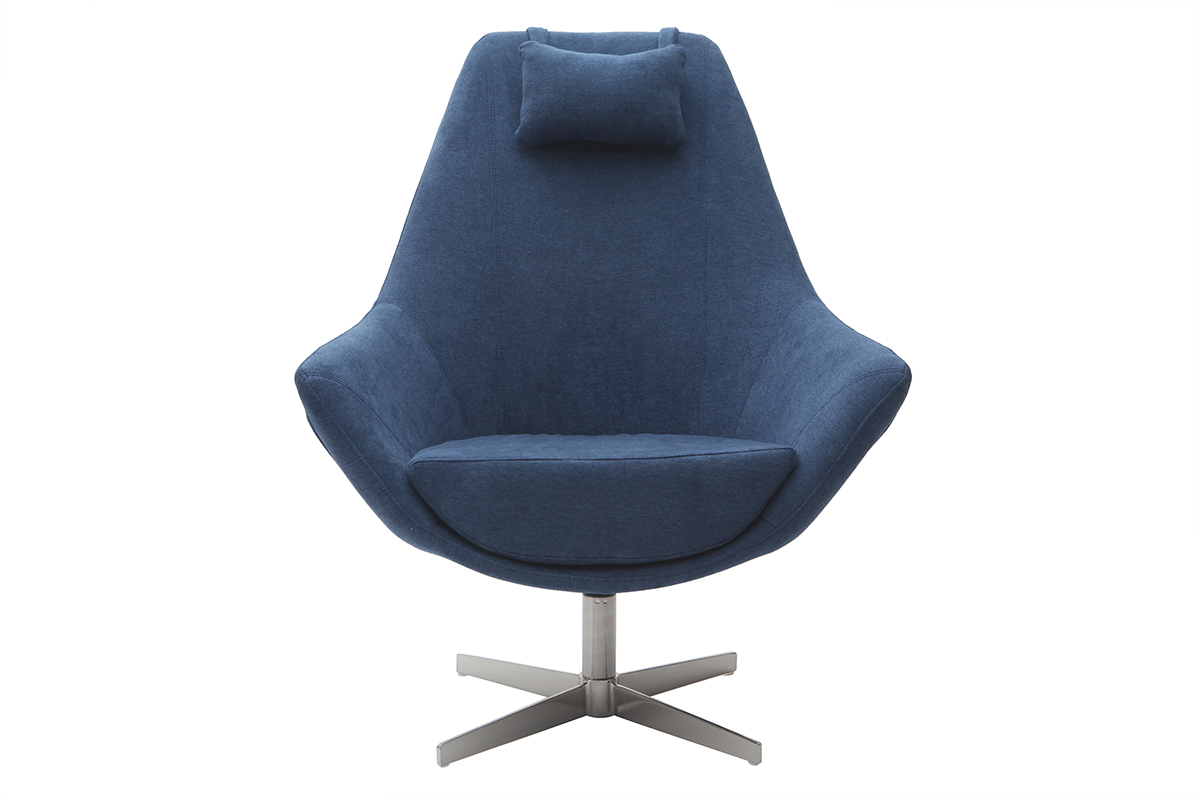 Poltrona desing girevole in tessuto blu e piede metallico AMEDEO